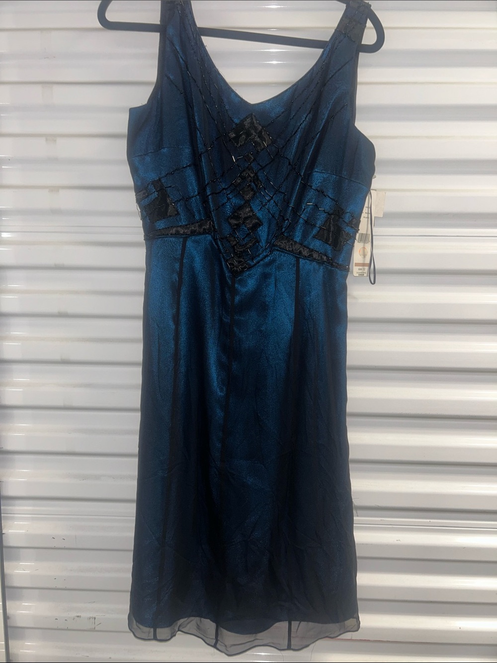 Rimini Shimmering Black Teal-Blue Midi Dress with Embellished Bodice